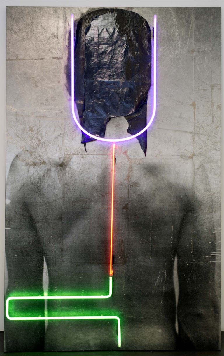 Brook Andrew, Back of Man II, 2016, linen, ink, acrylic, foil, neon, 260 x 165 x 12 cm. Image courtesy the artist and Ames Yavuz