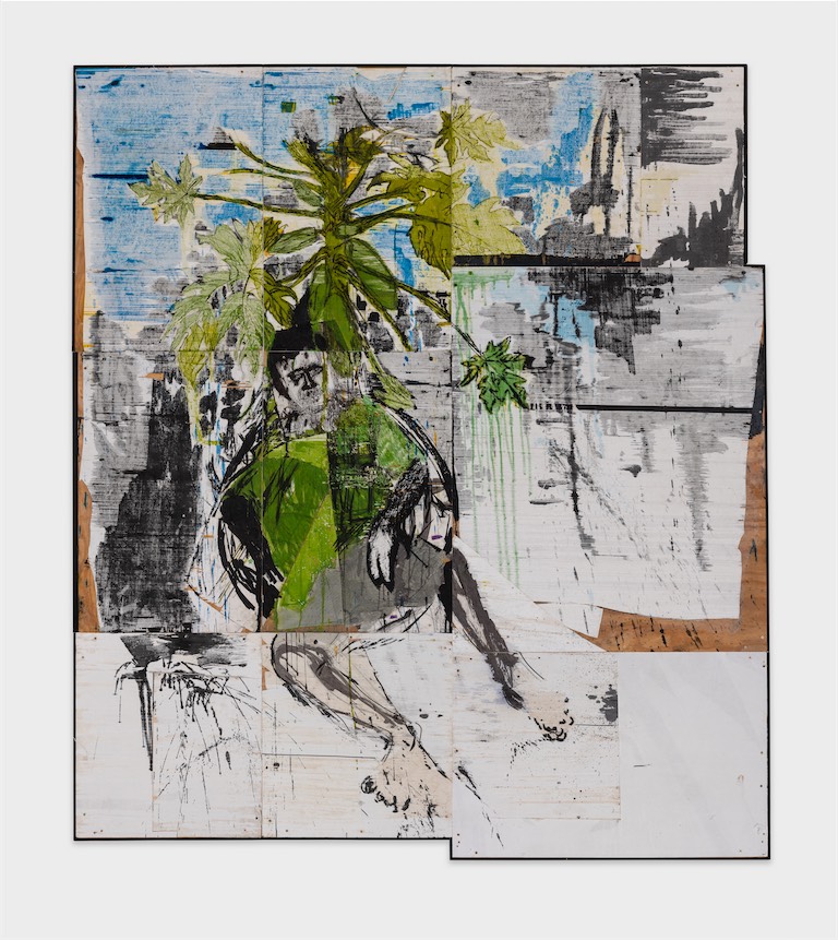 Gareth Nyandoro, Locked Chill, 2021, Kuchekacheka (paper and ink on wood panel), 266 x 238 cm, Image Courtesy of Tiwani Contemporary and The Artist
