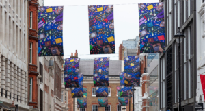 Sir John Akomfrah, The Secret Life of Memorable Things, Cork Street Galleries Banners Commission 2024, courtesy Cork Street Galleries and The Pollen Estate. Photo Credit: Luke Hayes