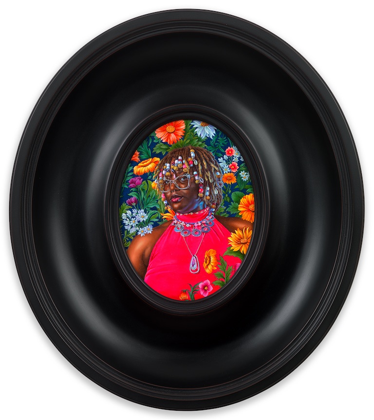 Kehinde Wiley, 'Portrait of Kaosisochukwu Andrina Nkpolara', 2024. Oil on panel, 24 x 18cm (9 1/2 x 7 1/8in). Copyright Kehinde Wiley. Courtesy the artist and Stephen Friedman Gallery