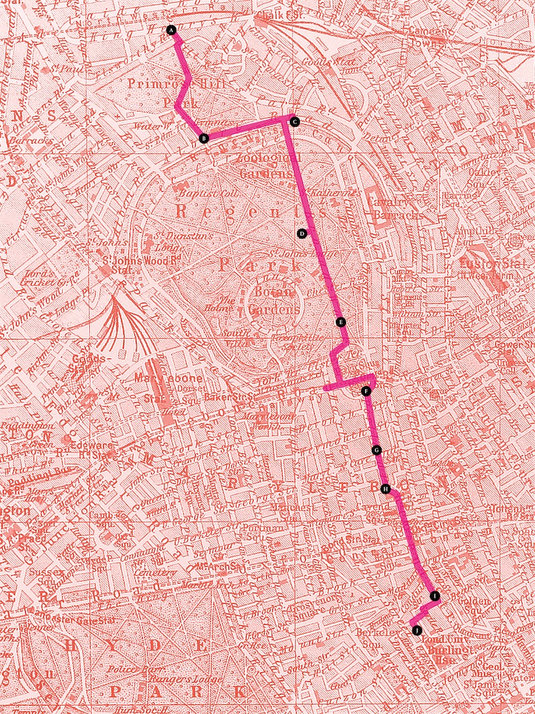 Map of Alison Jacques’ morning commute from Primrose Hill to Cork Street