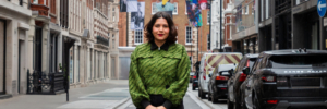 Cork Street Banners Commission 2025, 'Fear Gives Wings to Courage', in collaboration with Tarini Malik, Courtesy Cork Street Galleries and The Pollen Estate.