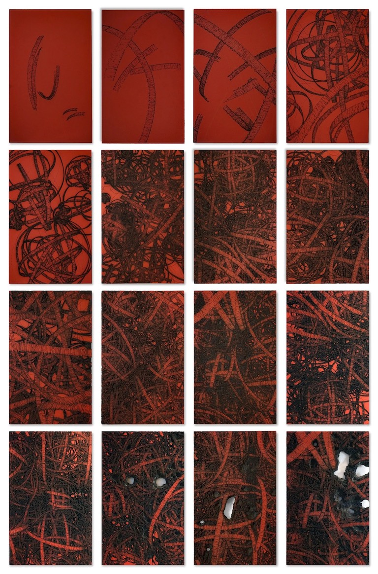 Martand Khosla, Force Mapping - II, 2025. Laser etching on intumescent paint on MDF, 73.6 x 45.7 cm (each), set of 16, Courtesy: the artist and Nature Morte, New Delhi 
