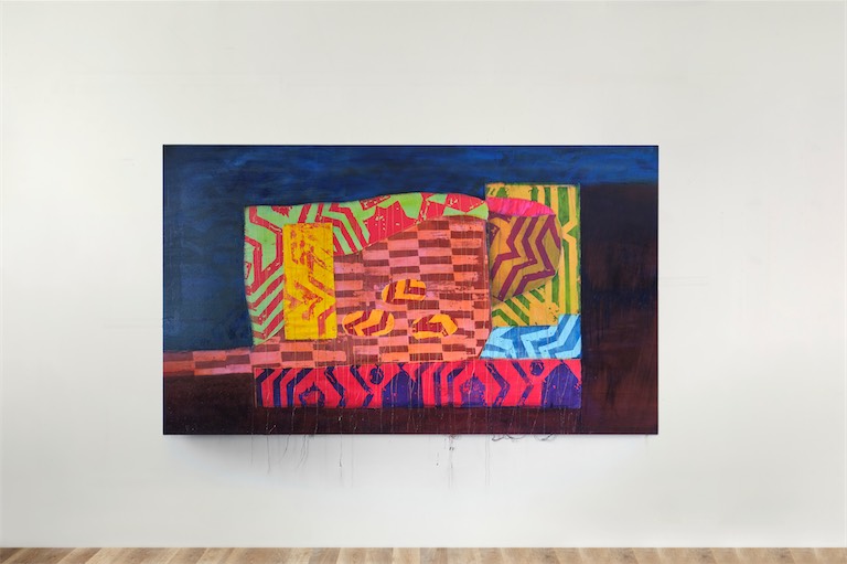 Osman Yousefzada, Three Pillows, 2026, oil and acrylic pigment, fibre, polyethylene, collage and embroidery on canvas, 250 × 150 cm, Courtesy of the artist and Bolanle Contemporary, Photography by Chris Lane 