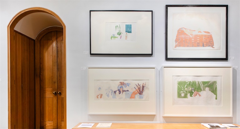 (top left artwork) Patrick Procktor RA (1936–2003), Sadie and Prudence, 1969/70, Aquatint, 25.4 × 45.1 cm, Courtesy of The Redfern Gallery, Photo: Alex Fox; (top right artwork) Patrick Procktor RA (1936–2003), My Gardenia, 1969, Lithograph, 35 × 67 cm, Courtesy of The Redfern Gallery, Photo: Alex Fox; (bottom left artwork) Patrick Procktor RA (1936–2003),Ossie, Gervase and Eric, 1969, Aquatint, 27.8 × 88 cm, Courtesy of The Redfern Gallery, Photo: Alex Fox; (bottom right artwork) Patrick Procktor RA (1936–2003), Departure, 1969, Etching and aquatint, 40.5 × 75.7 cm, Courtesy of The Redfern Gallery, Photo: Alex Fox