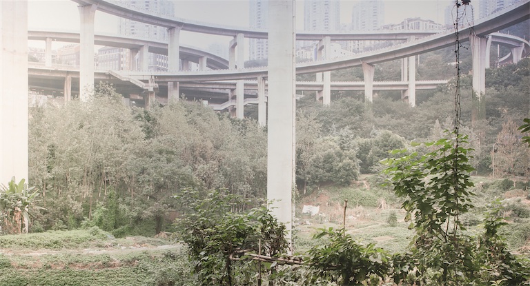 Allotments under Caiyuanba Bridge, Chongqing, China, 2017, chromogenic print, 120 × 150 cm, edition of 3, Messums