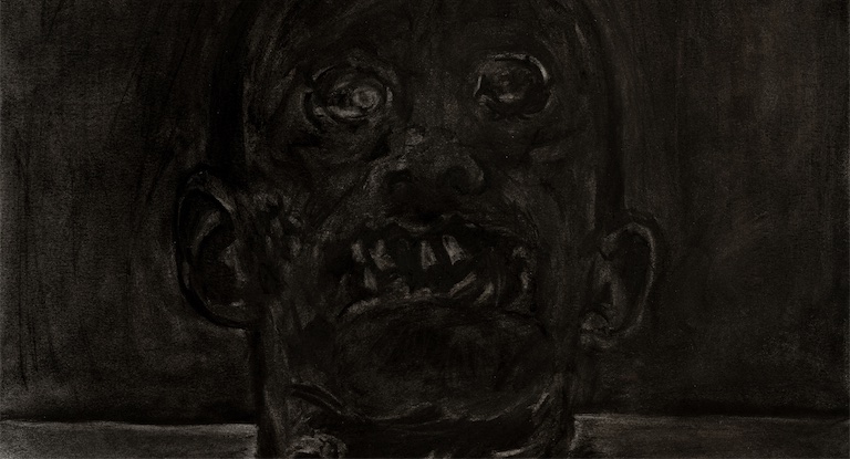 Felix Shumba, The yard friezes at the unknown (in thought of hymn rain), 2024, Charcoal on Fabriano paper, 40 × 50 cm / 15 ¾ × 19 ¾ ″, Courtesy Felix Shumba, Photo: Deniz Guzel, Tiwani Contemporary