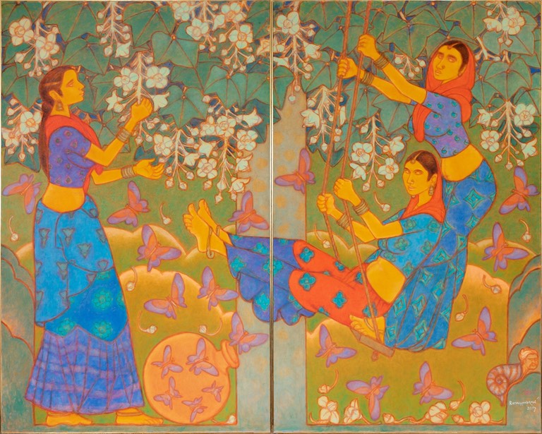 A. Ramachandran, Girls on the Swing, 2017, oil on canvas, 78 x 96 in. Courtesy of Vadehra Art Gallery and the Ramachandran family