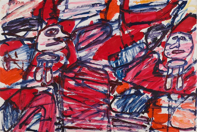Jean Dubuffet, Site aléatoire avec 2 personnages 29 mars 1982, 1982, acrylic on paper on canvas 26 3/8 x 39 3/8 in / 67 x 100 cm. Courtesy of Waddington Custot