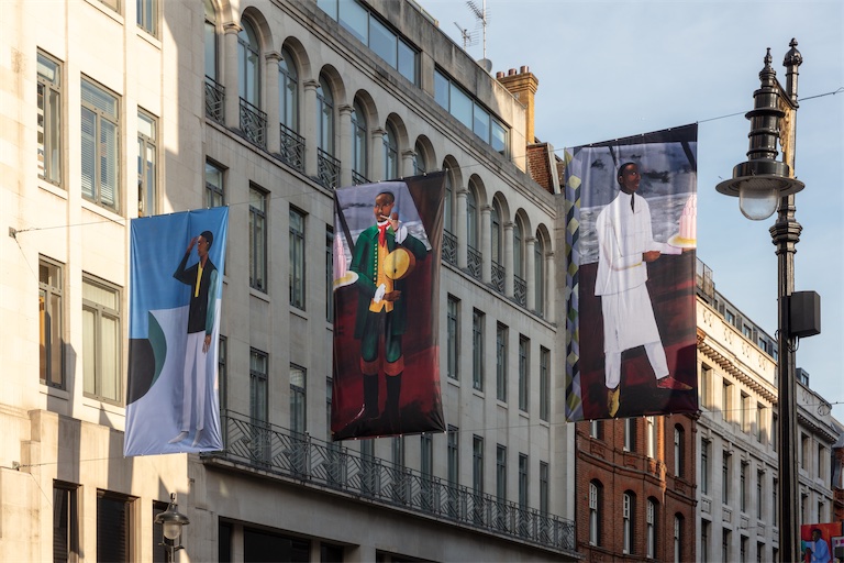 Lubaina Himid, ‘Reading the Label’, Cork Street Galleries Banners Commission 2026. Courtesy Cork Street Galleries and The Pollen Estate. Photo: Luke Hayes