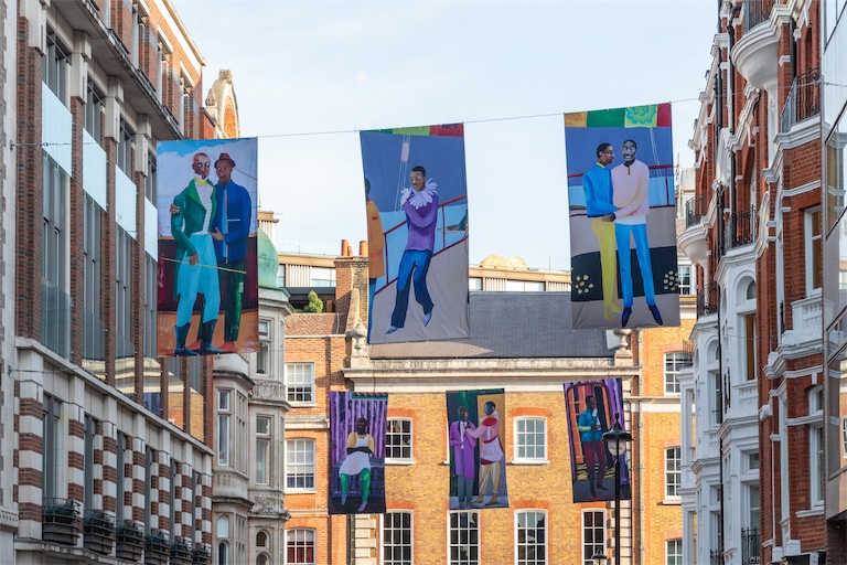 Lubaina Himid, ‘Reading the Label’, Cork Street Galleries Banners Commission 2026. Courtesy Cork Street Galleries and The Pollen Estate. Photo: Luke Hayes
