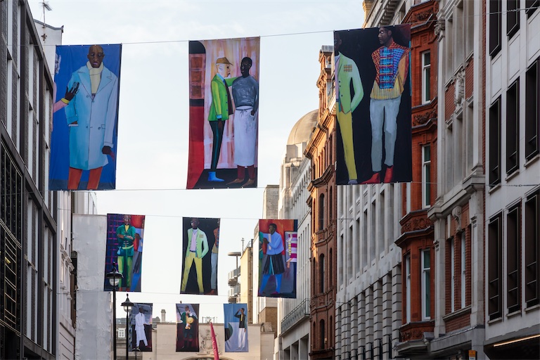 Lubaina Himid, ‘Reading the Label’, Cork Street Galleries Banners Commission 2026. Courtesy Cork Street Galleries and The Pollen Estate. Photo: Luke Hayes