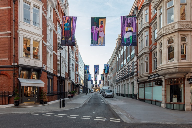 Lubaina Himid, ‘Reading the Label’, Cork Street Galleries Banners Commission 2026. Courtesy Cork Street Galleries and The Pollen Estate. Photo: Luke Hayes