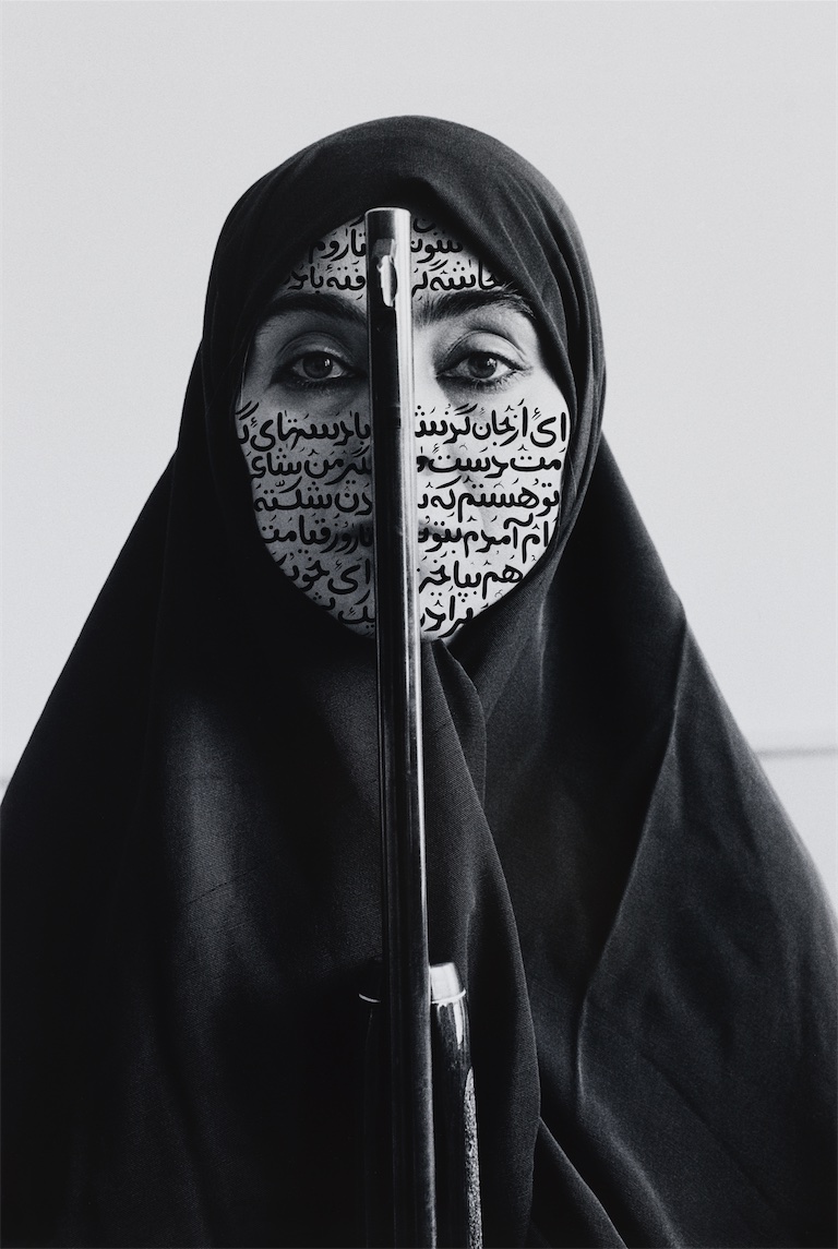 Shirin Neshat, Rebellious Silence, 1994, Gelatin silver print & ink, 118.4 × 79.1 cm / 46 5/8 × 31 1/8 ″, © Shirin Neshat, Courtesy the artist and Gladstone