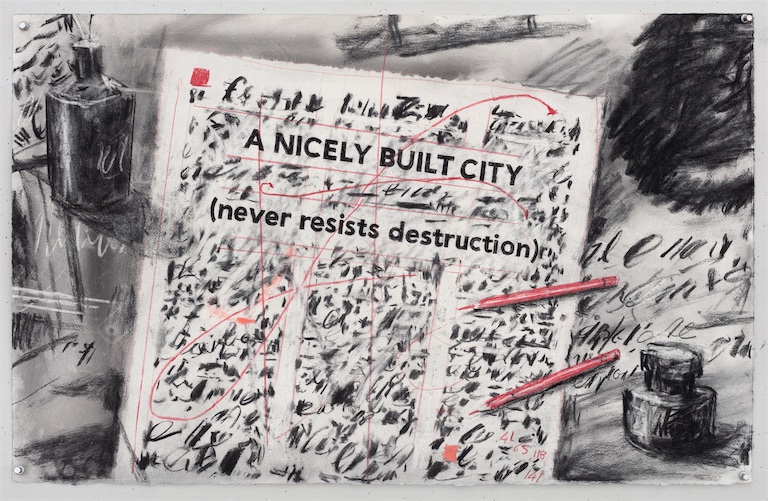 William Kentridge, A Nicely Built City (Never Resists Destruction), 2026, Charcoal, pastel and coloured pencil on paper, Height varies, 41-51.5 x 80 cm, Courtesy the artist and Goodman Gallery 