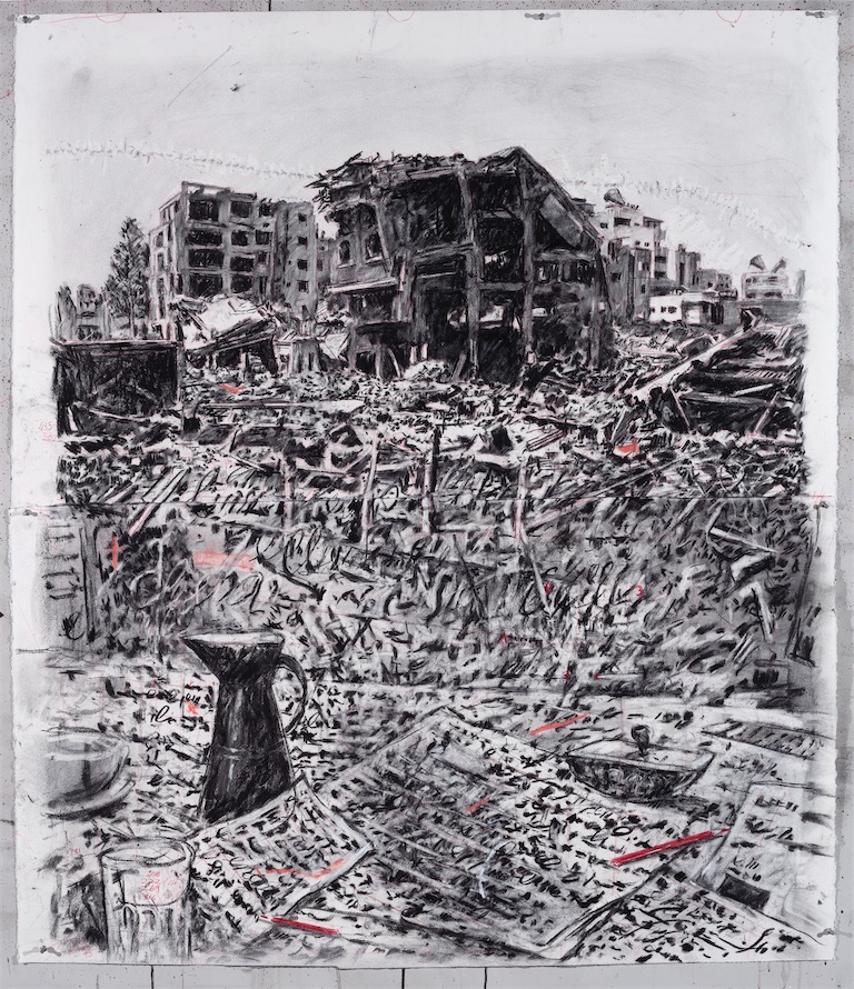 William Kentridge, Drawing for A Nicely Built City (Aftermath), 2026, Charcoal, pastel and coloured pencil on paper, 141.5 -140 x 120.5 cm, Courtesy the artist and Goodman Gallery