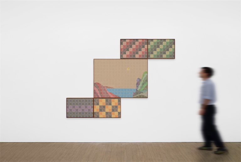 Jordan Nassar, They Build Homes with Clouds, 2026, hand-embroidered cotton on cotton, variable dimensions. Courtesy the artist and The Third Line, Dubai